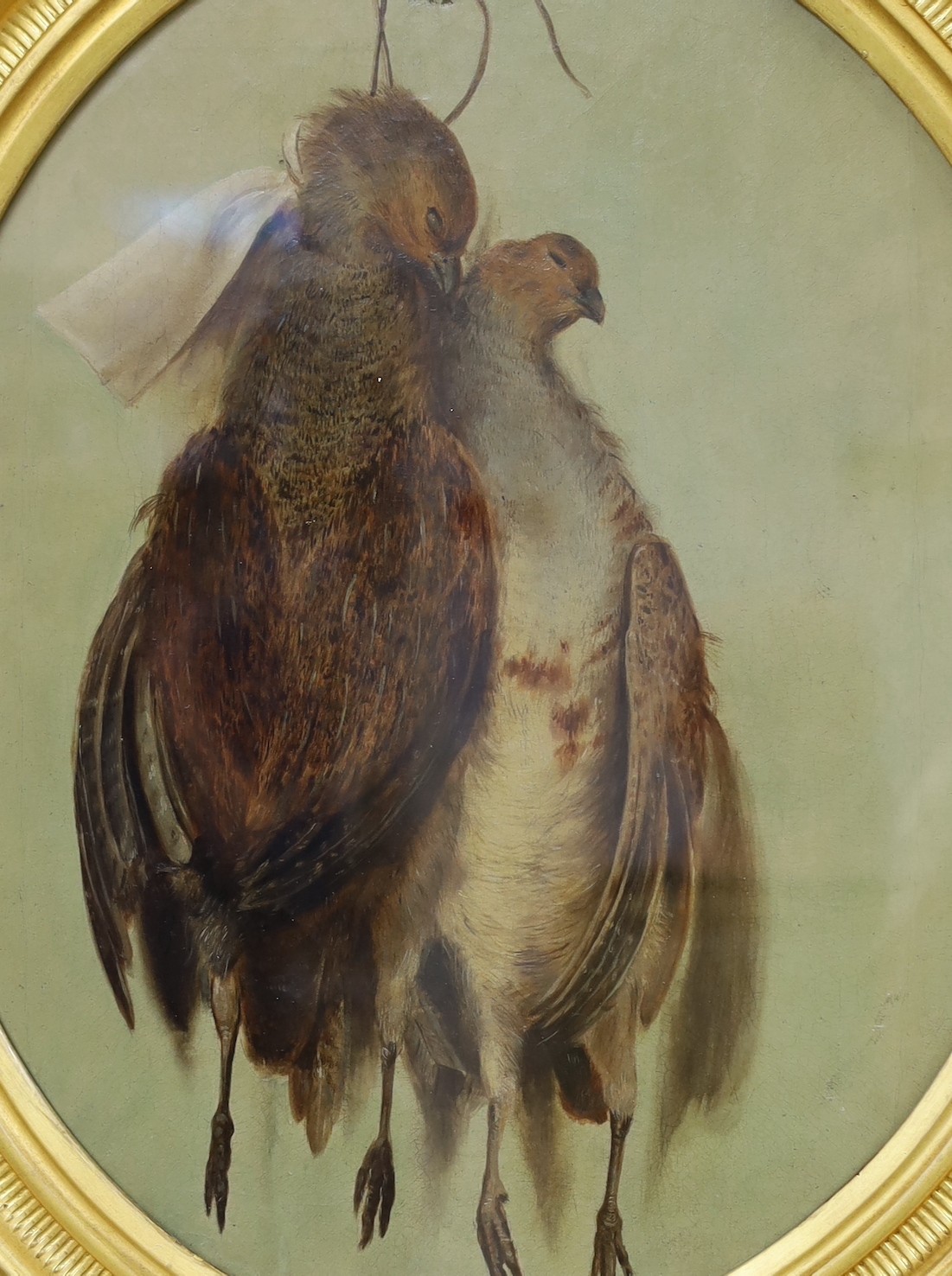 English School c.1890, pair of oils on board, Clin d'oeil studies of hanging game birds, 44 x 35cm